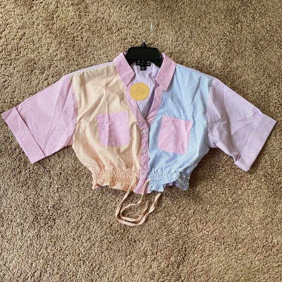 Thread Story Tops - Colorblock striped cropped button up collar shirt